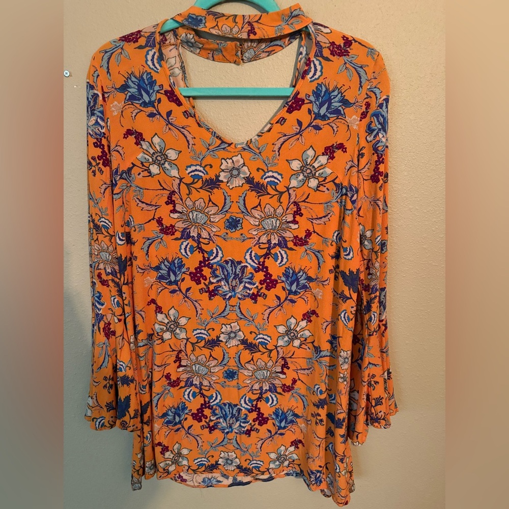 Xhilaration Orange and Blue Floral Blouse